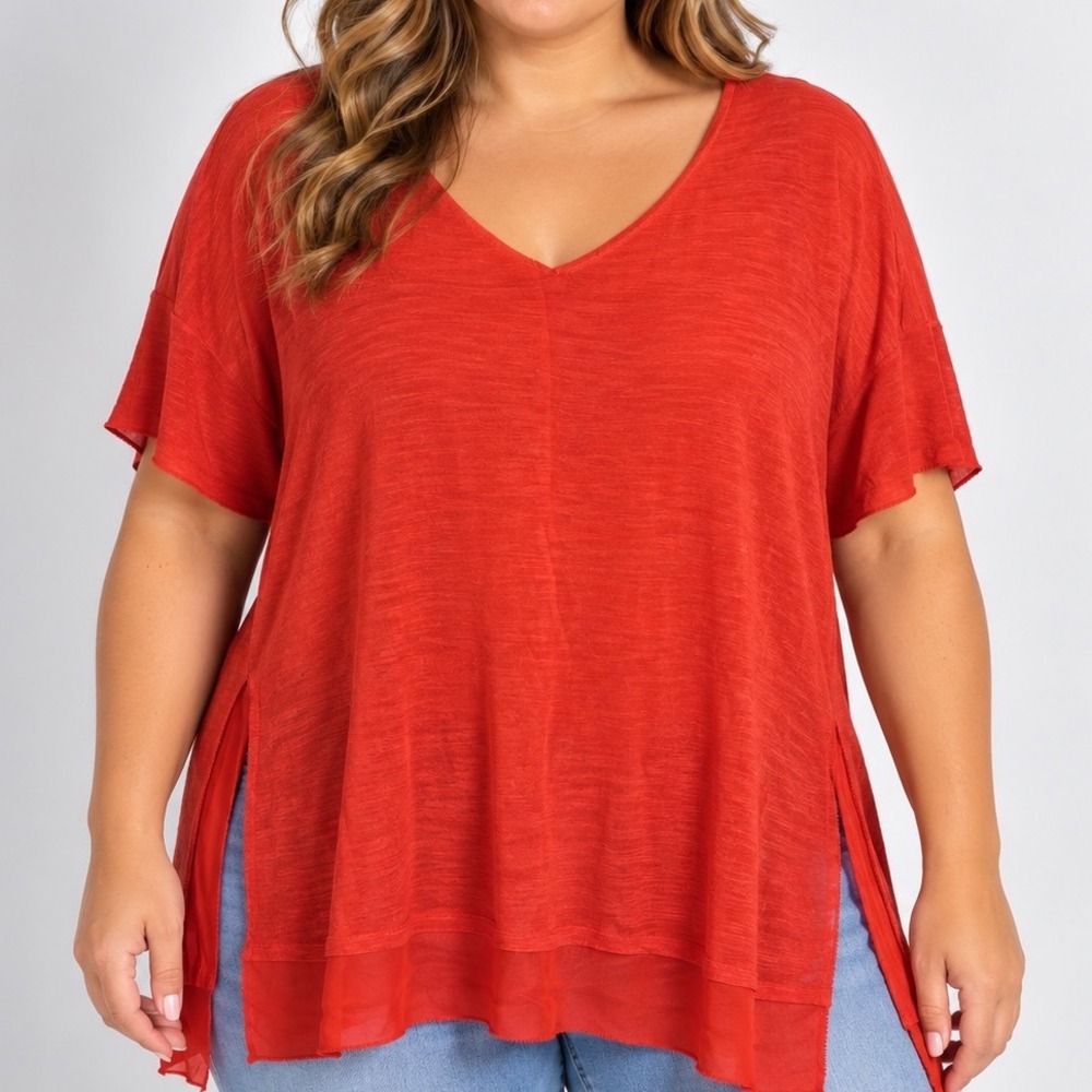 Eileen Fisher 100% Silk Tunic Top Large Orange V Neck Side Slit Lagenlook